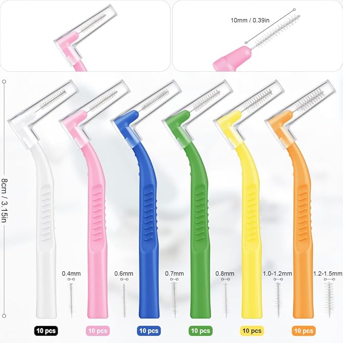 60pcs Interdental Brushes, 6 Sizes Braces Brush Kit, Soft Bristled Dental Picks for Teeth Cleaning, Non-Slip Flossers for Braces with Angled Head, Suitable for Teeth Gaps Cleaning, Oral Care