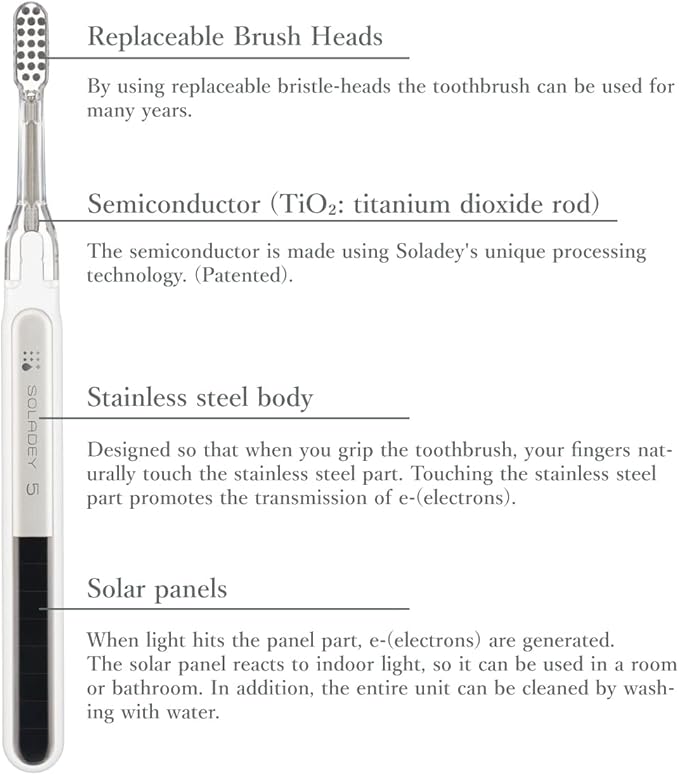 Soladey5 Ionic Toothbrush, Black, Large Solar Panels and TiO2 Semiconductor, You can Brush Without Toothpaste