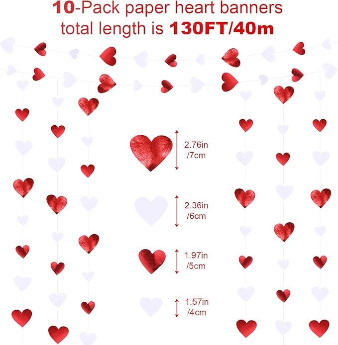 10 Pack 130ft Burgundy-red White Heart Party Garland Asymmetrical Love Hanging Banners for Birthday Wedding Decorations Mothers Day Bachelorette Bridal Shower Engagement