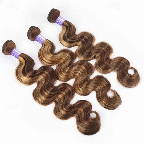 Perstar Ombre Human Hair Bundles Body Wave P4/27 Honey Blonde Bundles Highlight Brown Colored 3 Bundles 14 16 18 Inches 12A 100% Brazilian Virgin Remy Hair Weft