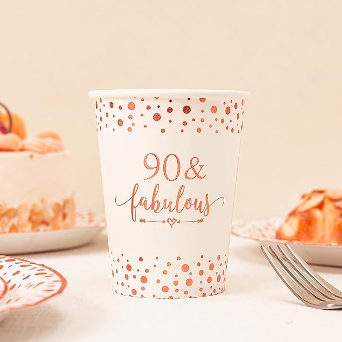 Crisky Rose Gold Foil 90 Fabulous Napkins, Cups Set for Women's 90th Birthday Party Decorations, Disposable Tableware Set of 24 (9" Plates, 7" Plates, Luncheon Napkins, 9oz Cups)
