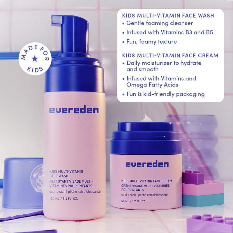 Evereden Kids Happy Face Duo (Cool Peach) - Multi-Vitamin Face Wash & Face Cream Set - Clean & Vegan Skin Care for Kids 3+ - Moisturizing, Nourishing, & Protective Skin Care Set