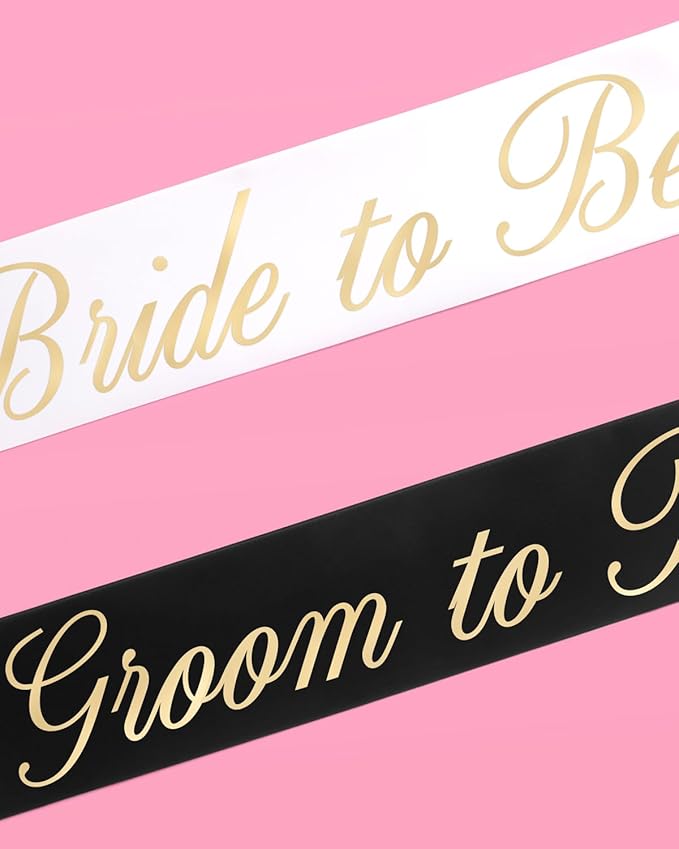 xo, Fetti Bride and Groom Sash Duo 2 Pack | White and Black Satin, Gold Foil, Bridal Shower, Engagement Party, Bachelorette Decor, Wedding Mr. & Mrs.