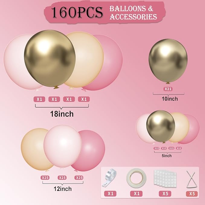 Blush Pink Neutral Gold Balloon Arch Kit, 160Pcs Boho Dusty Pastel Pink Nude Balloons Garland for Girls Women Bridal Baby Shower Valentines Wedding Gender Reveal Birthday Party Decorations
