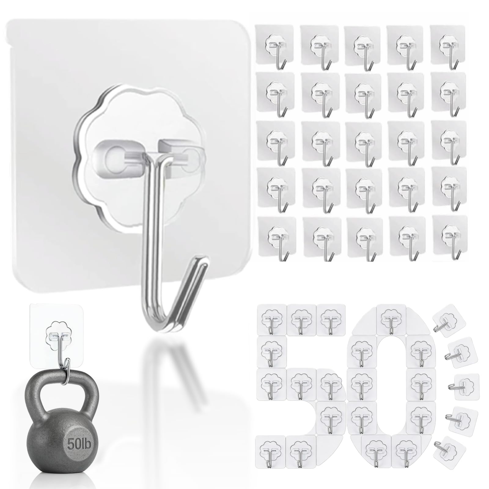 DDMY Hooks for Hanging, 50 Pack Wall Hooks 50lb(Max) Transparent Reusable Waterproof Adhesive Hook for Kitchen Curtain, Towel Hook for Bathrooms, Heavy Duty Self Coat Hook for Walls No Damage