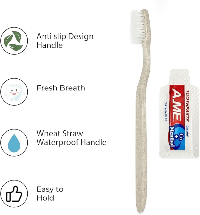 100 Pack Travel Size Toothbrushes with Toothpaste in Bulk, Disposable Individually Wrapped Wheat Straw Portable Toothbrushes Kit for Homeless, Nursing Home, Charity, Shelter, Airbnb and Hotel