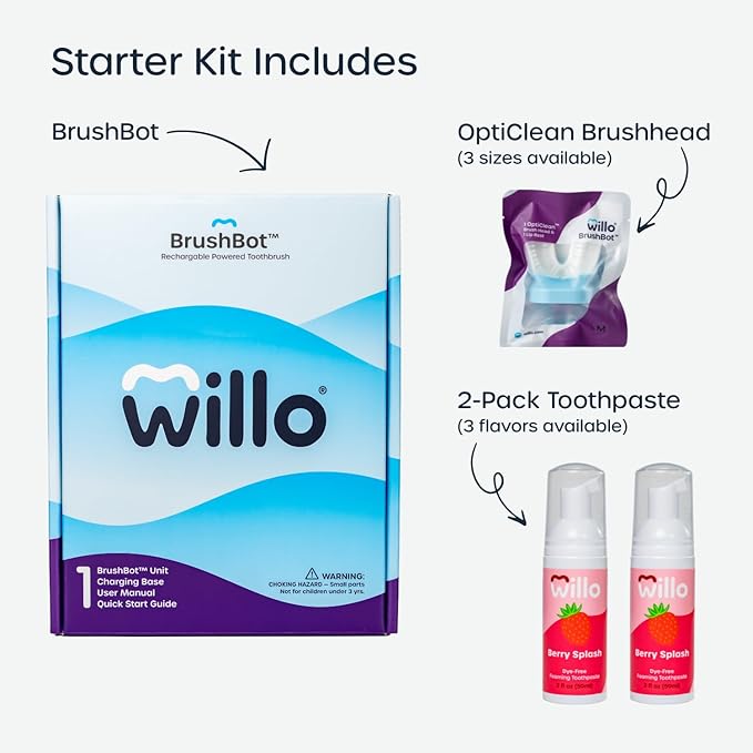 Willo BrushBot Kids U-Shaped Toothbrush Starter Kit – Rechargeable, Smart Electric Toothbrush for Kids Ages 8-11 w/App, Soft Bristles, Plaque Removal, Gentle & Deep Clean Modes | Medium Berry Splash