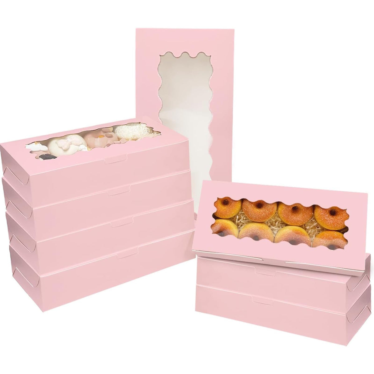 qiqee 50 Packs Pink Cookie Box with Window 12x5.5x2.5 Inch Two Uses Pastry Biscuit Bakery Box For Packaging