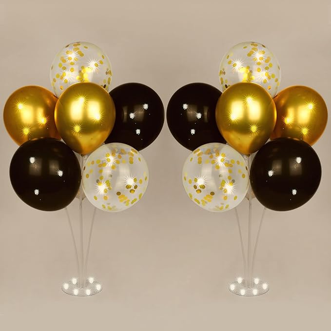 Ainiv 2 Set Table Balloon Stand Kit with Lights, Light Up Balloon Holder Include 16 Black Gold Latex Confetti Balloons, Graduation Party Decorations for Birthday, Weddings, Anniversary, Christmas