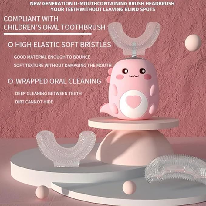 Kids Automatic U-Shaped Toothbrush, 360º Toothbrush Rechargeable Auto U-Shaped Electric Toothbrush with Led Light, 5 Modes & Smart Timer Gentle Waterproof and Cartoon Dragon Design (Blue*1)