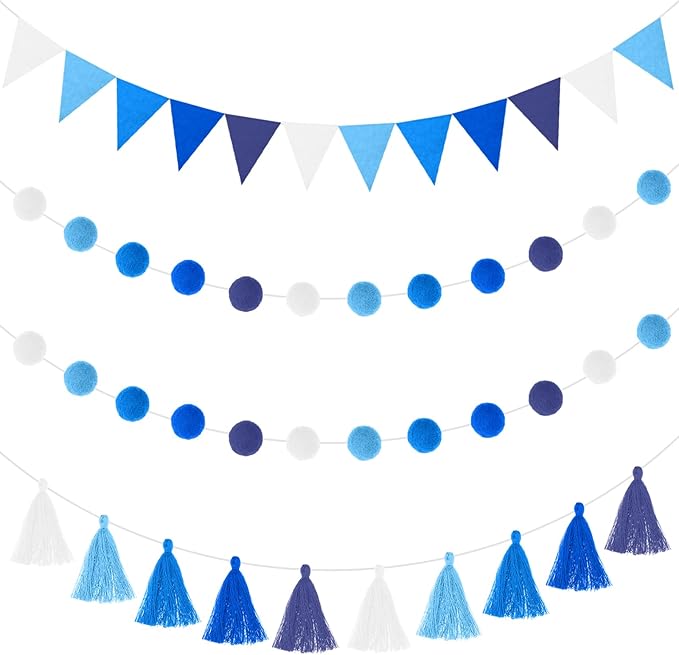 Irenare 9.8ft Pom Pom Garland Felt Rainbow Garland Graduation Party Decoration Colorful Pennant Tassel Banner Birthday Baby Shower Triangle Banner for Classroom School Mantel Fireplace(Blue)
