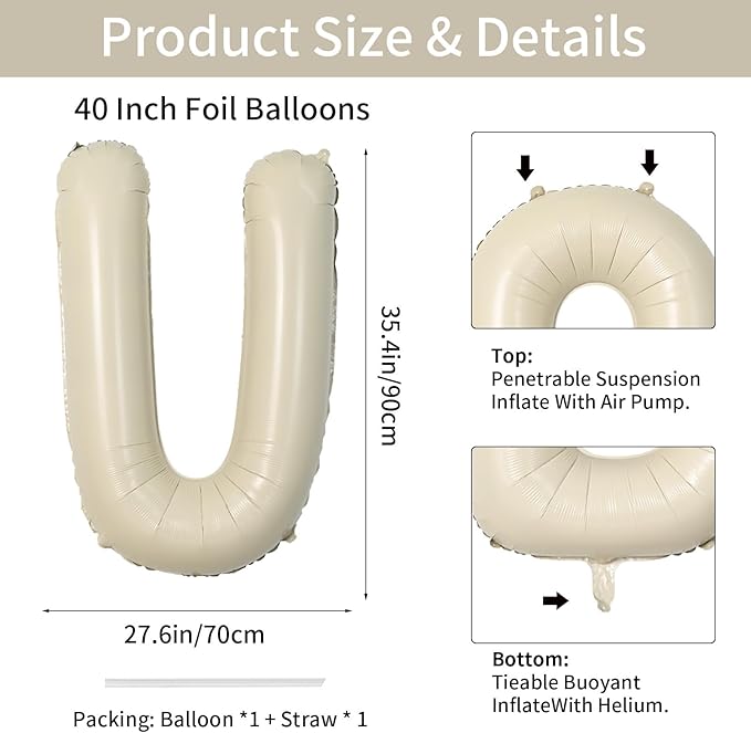 Biapian 40 Inch Giant Cream U Foil Balloon - Big Single Alphabet A-Z Balloons, Helium for Birthday, Baby Shower, Wedding, Anniversary Party Decoration