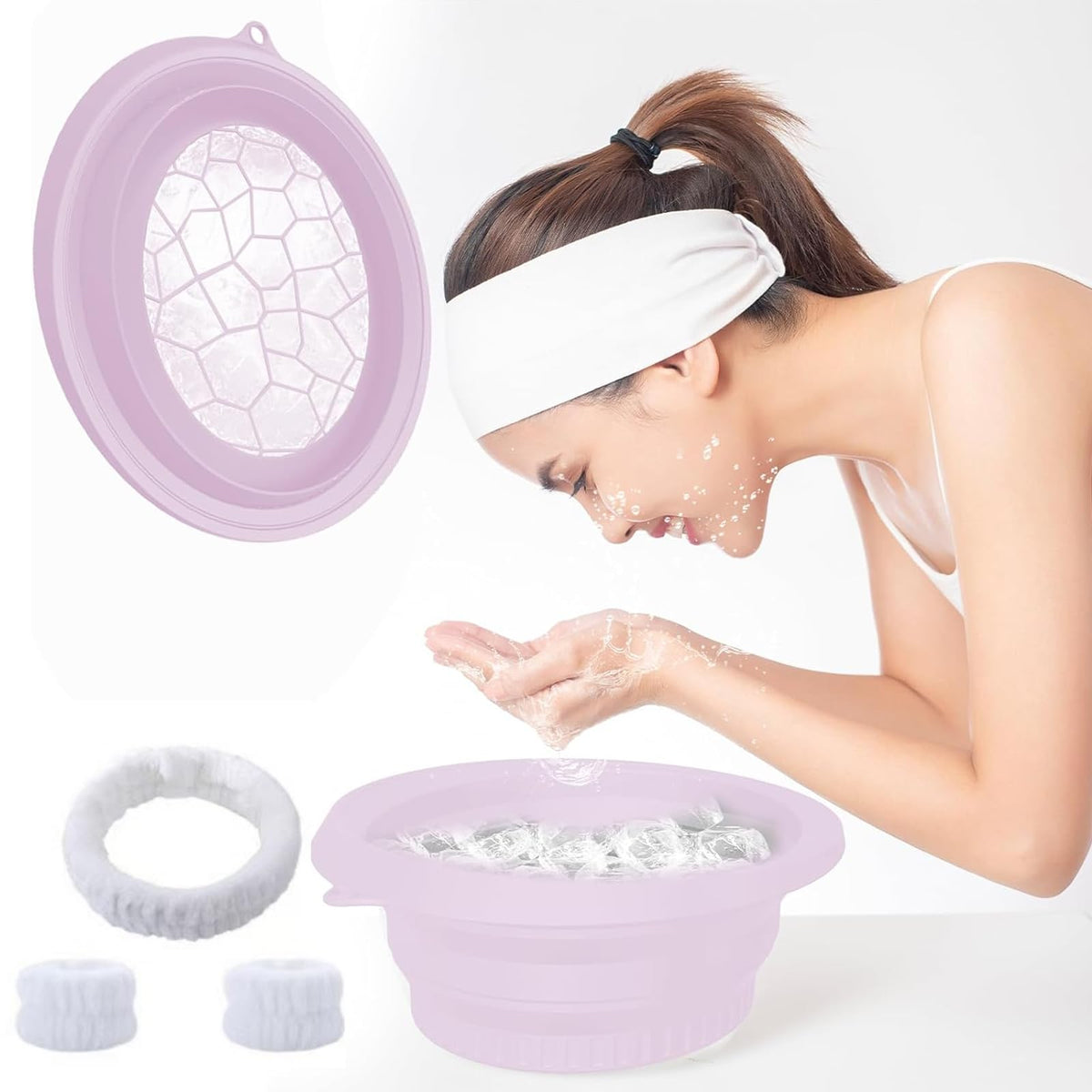 Portable Ice Bath Bowl for Face - Collapsible Silicone Bowl with Built-In Ice Tray for Acne Relief for Home, Travel & Parties (Purple)