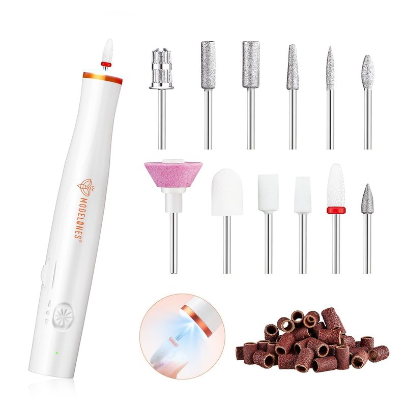 Modelones Electric Nail Drill, 14 Pcs Cordless Nail File with LED Light for Acrylic Gel Dip Powder Nails, Professional Nail Efile Kit with Nail Drill Bits & Sanding Bands for Quick Manicure Pedicure