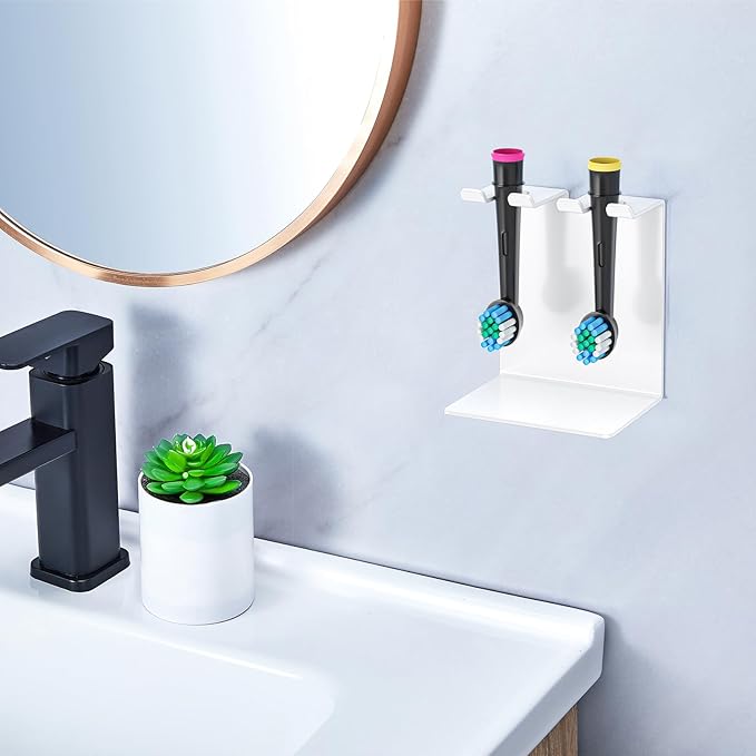 Electric Toothbrush Head Holder, Oukimly Toothbrush Holder Wall Mounted or Desktop, Metal Tooth Brush Holder, Shower Brush Head Holder, Electric Toothbrush Holder for Bathroom (White, Small)
