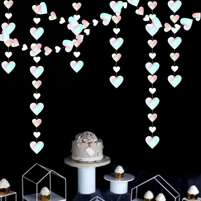 Iridescent Disco-Holographic Party-Decorations Love-Heart Garland - 39Ft Wedding Hanging Decoration Neon Streamers Banner,Valentines Birthday Bachelorette Baby Bridal Shower Engagement Decor Hugtmr