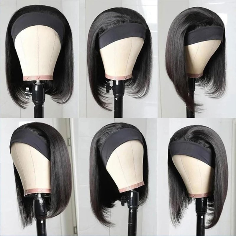 Annora Headband Wigs Human Hair Short Bob Wig Human Hair Straight bob Headband Wig Human Hair Remy Hair Easy Wear and Go Glueless WigsBob Headband Wigs for Women Black Color 150% Density 12 Inch