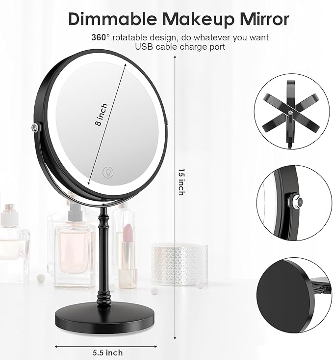 Lighted Makeup Mirror, 3000 mAh Rechargeable Double Sided Magnifying Vanity Mirror with 3 Colors, 1x/10x, 360° Rotation , Brightness Adjustable Magnification Cosmetic Light up Mirror, Women Gift