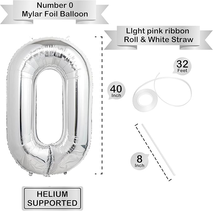 40 Inch Silver Number Balloons, Helium Mylar Foil Number Balloons for Birthdays, Number 0 Balloon for Party Wedding Bachelorette Birthday Bridal Shower Anniversary Celebration Party Decorations