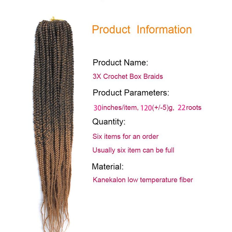Mayloss 6 Packs/Lot (14/18/24/30) inch 1cm 20 Strands/Pack Thin 3X Box Braid Crochet Hair Extensionin Diameter 3X Synthetic Braid Hair Extensions Crochet Braids Hair Color(30Inch T1B/27)