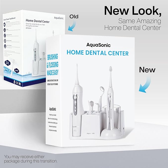 AquaSonic Home Dental Center Rechargeable Power Toothbrush & Smart Water Flosser - Complete Family Oral Care System - 10 Attachments and Tips Included - Various Modes & Timers (White)