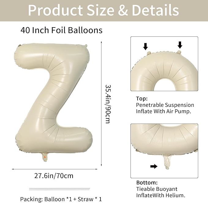 Biapian 40 Inch Letter Z Balloons, Giant Cream Z Foil Balloon, Big Single Alphabet A-Z Balloons, Beige Large Aluminum Z Balloons Helium for Birthday, Baby Shower, Wedding, Anniversary Party Decoration