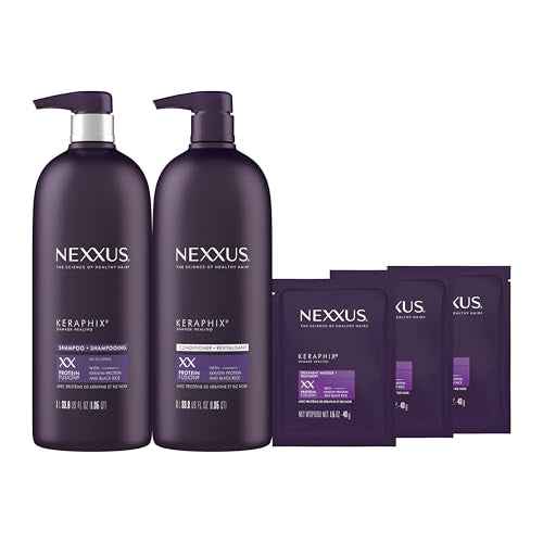 Nexxus Keraphix Shampoo and Conditioner - Damaged Hair Treatment System with Keratin Protein and Black Rice, 2 Count & 3 Repair Masks Treatment, 33.8 oz, 1.5 oz, 3 Count, 5 Count ( Pack of 1)