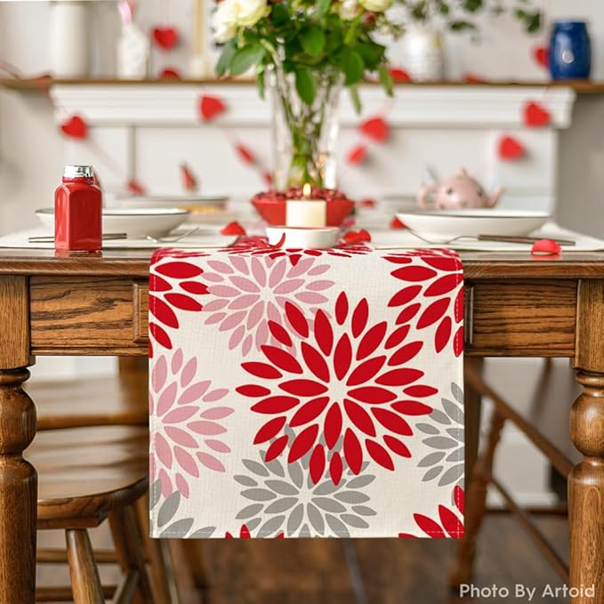 Artoid Mode Red Pink Dahlia Floral Pinnata Christmas Table Runner, Valentine Summer Kitchen Dining Table Decoration for Home Party Decor 13x90 Inch