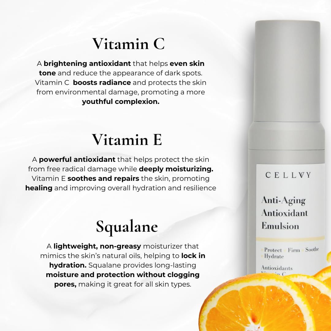 CELLVY Anti-Aging Antioxidant Emulsion with Hyaluronic Acid, Vitamin C & E, Korean Taiwanese Skincare, Firming & Hydrating Face Lotion, Smooths Fine Lines & Wrinkles and Boosts Collagen Production