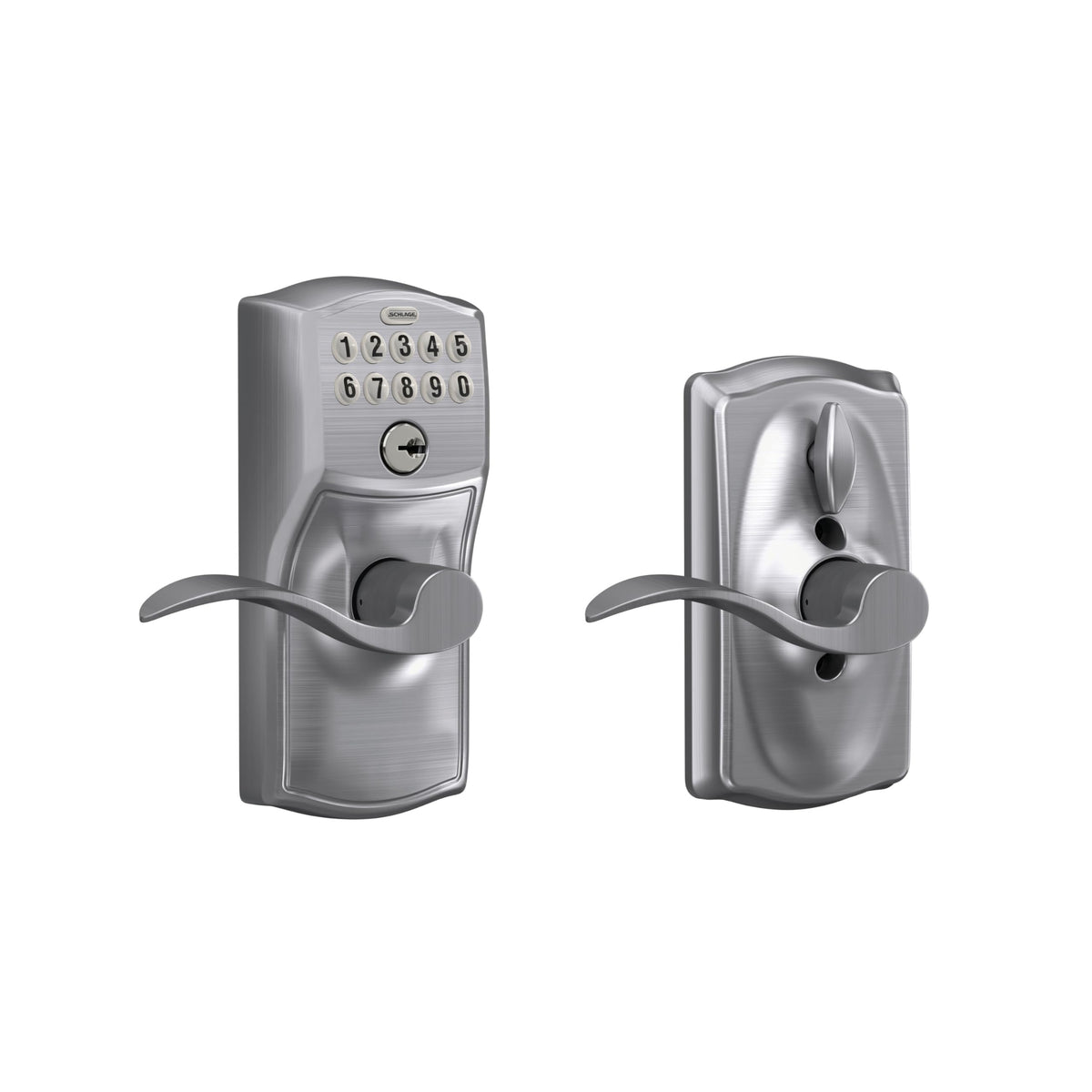 Schlage Camelot Keypad Lock with Lever Handle, Electronic Keyless Door Entry, Flex Lock Auto‑Lock Option, Satin Chrome, FE595 CAM 626 ACC