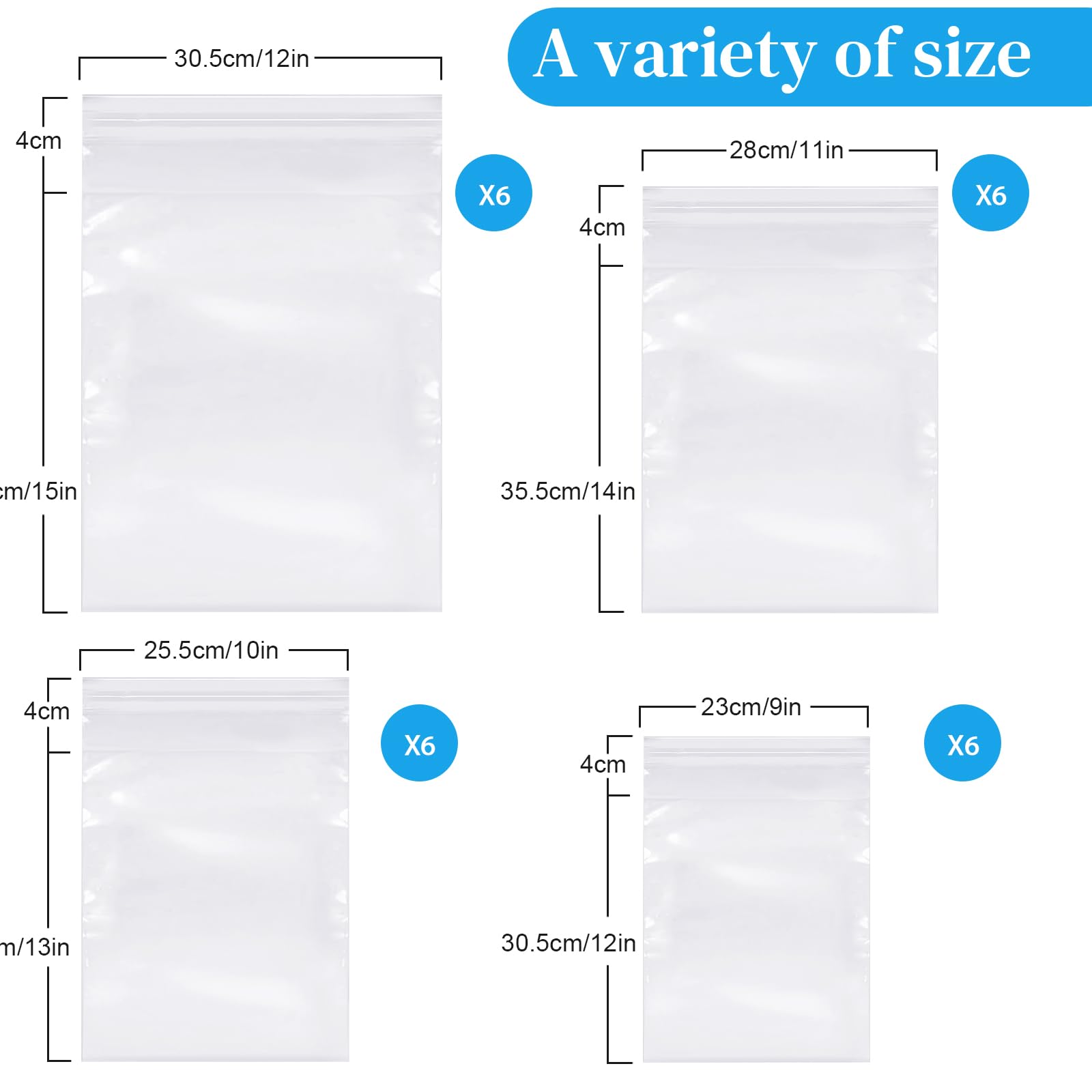 Kosiz 600 Pcs Clear Cellophane Bag Plastic Poly Shirt Bag Bulk Resealable Clothes Packing Self Adhesive Packages for Business Shipping(9''x12'', 10''x13'', 11''x14", 12''x15")
