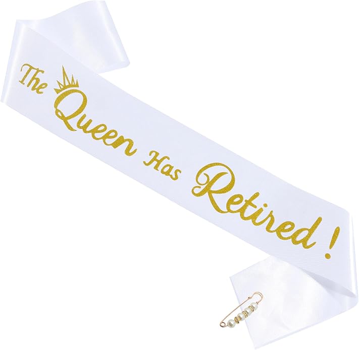 "Officially Retired" Elegance Sash with Pear Pin for Women Men, Perfect for Retirement Party Events (The Queen Has Retired-Gold)