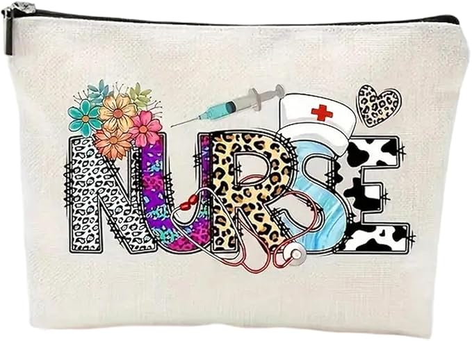 GRITOSE Nurse Makeup Bags Leopard Print Flowers deisgns Nurse Cosmetic Bag Work Toiletry Bag Accessories for Nurse Gifts Nursing Student Small Nurse Bag with Zipper