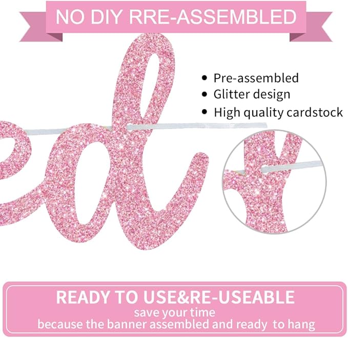 BEISHIDA Pink Just Married Banner - NO DIY, Glitter Wedding Party Banner,Just Married Signs, Bachelorette/Bridal Garland,Engagement Party Decor Supplies, Wedding Reception Party Decorations.