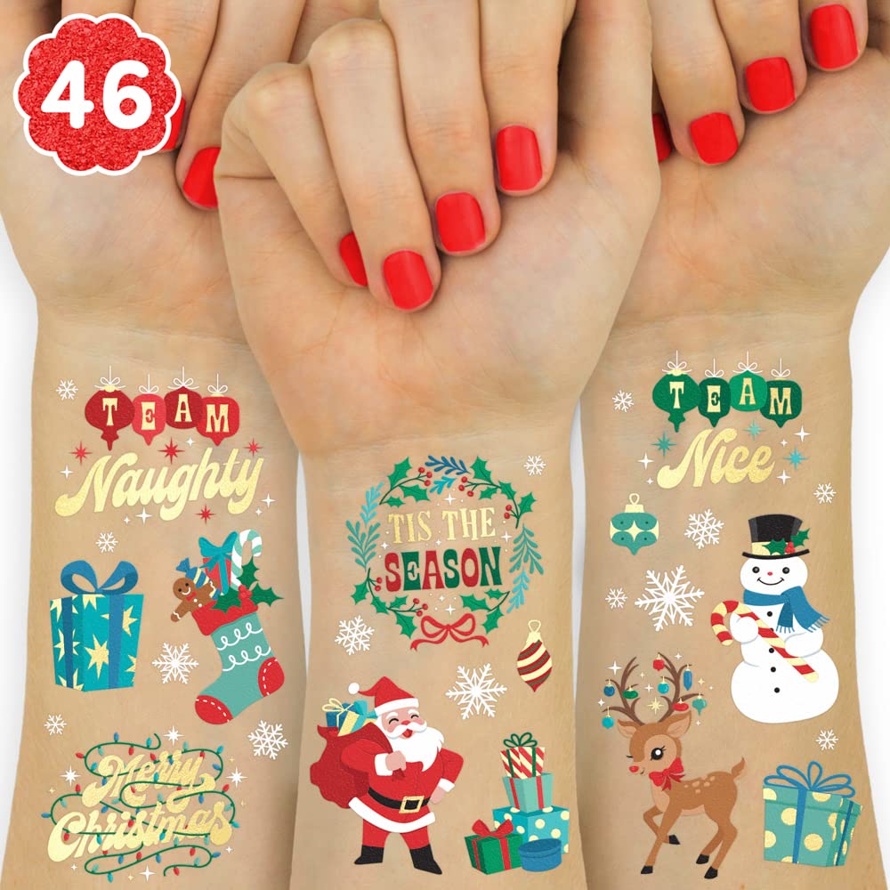 xo, Fetti Christmas Decorations Temporary Tattoos for Kids - 46 Glitter Styles | Team Naughty Nice, Merry Christmas Party Favors, Stocking Stuffer, Xmas Eve Gift