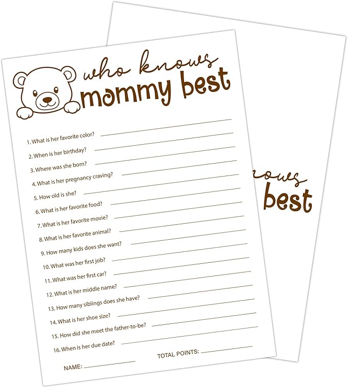 30 PCS Cute Bear Who Knows Mommy Best Baby Shower Game for Boy Girl, Double-Sided Games Gender Neutral Gender Reveal Party Supplies & Decor-C11