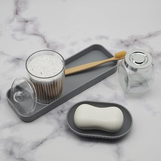 Bathroom Accessory Set - 10 Piece Grey Bathroom Accessories Set with Trash Can, Toothbrush Holder and Cup, Soap Dispenser, Soap Dish, Toilet Brush Holder, Vanity Tray, Qtip Holder, Tissue Box Cover