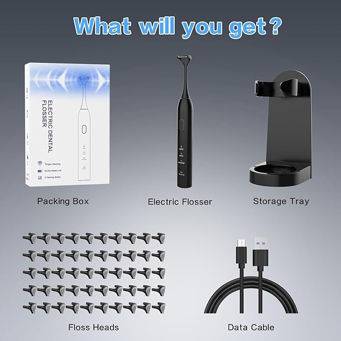 Voraiya Electric Flosser for Teeth Electric Flosser Dental Floss 3 Modes + 50 Replacement Heads Rechargable Ultrasonic Power Flossing for Teeth Adults & Kids