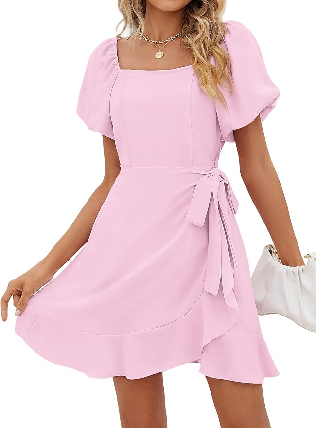 Sampeel Womens Summer Dresses Square Neck Puff Sleeve Tie Waist Short Dress