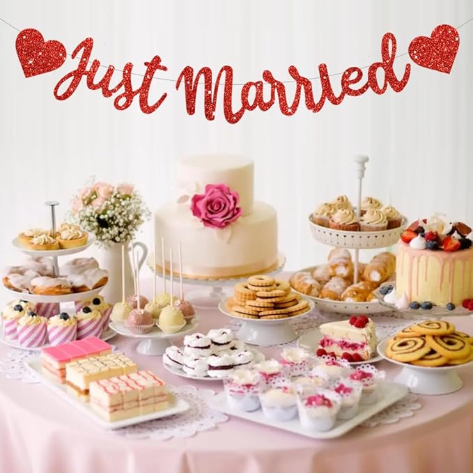 BEISHIDA Red Just Married Banner - NO DIY, Glitter Wedding Party Banner,Just Married Signs, Bachelorette/Bridal Garland,Engagement Party Decor Supplies, Wedding Reception Party Decorations.