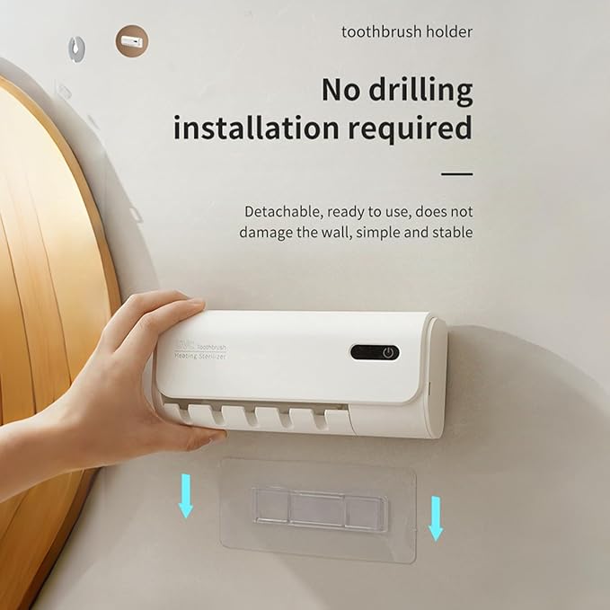 Toothbrush Holder for Bathrooms, Timer Function & 5 Toothbrush Slots Rechargeable Cordless Wall-Mounted Toothbrush Holder with Drying Functions, No Drilling(White)