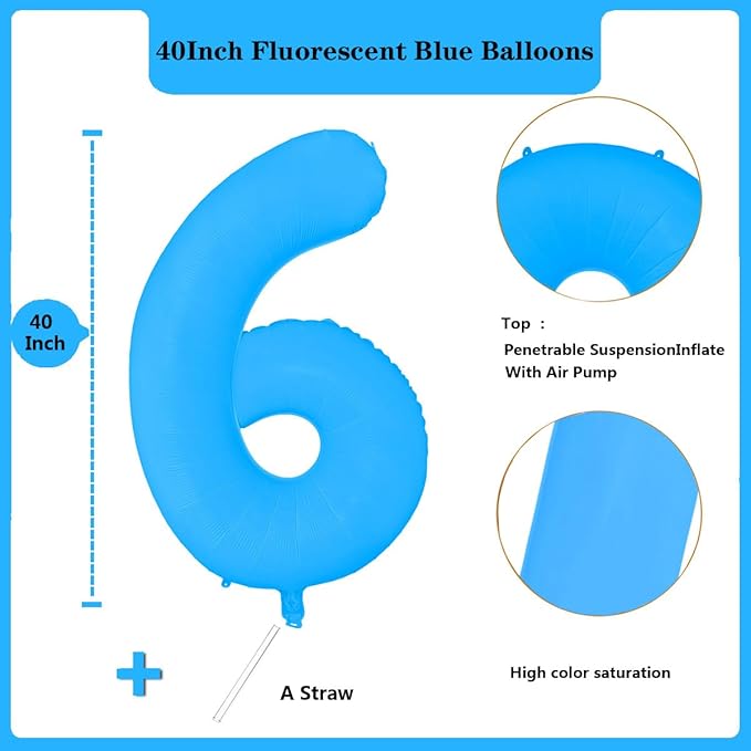 Fluorescent Blue Number Balloon 40 inch Giant Foil Helium Balloons Blue Number 6 Balloon for 6th Birthday Party Decorations