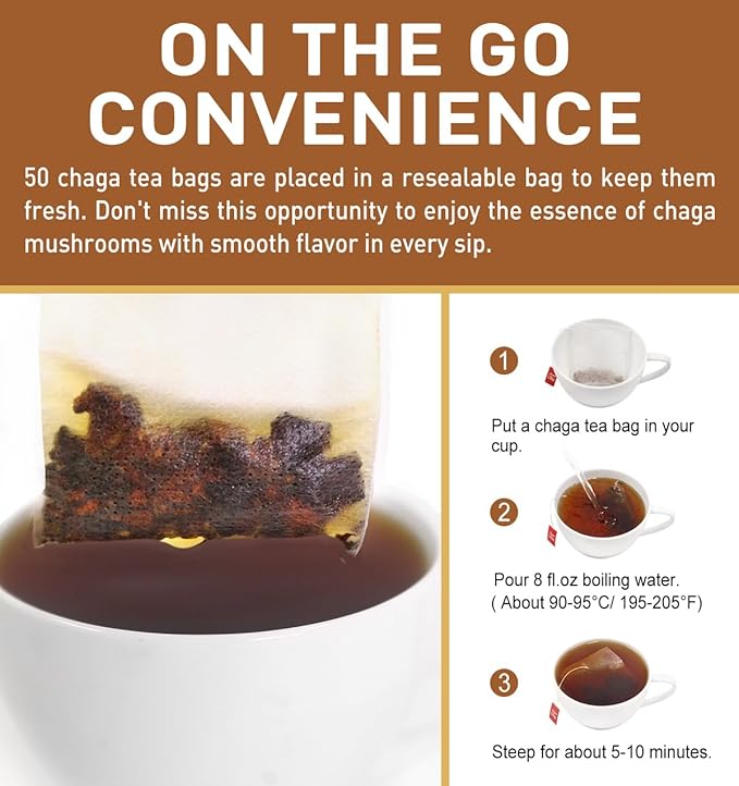 Olvvla - Chaga Tea Bags - 2.5g X 50 Count - 100% Wild Natural Chaga Mushroom Herbal Tea - Sourced from Siberia - Caffeine Free - Gluten-Free - Rich in Antioxidants