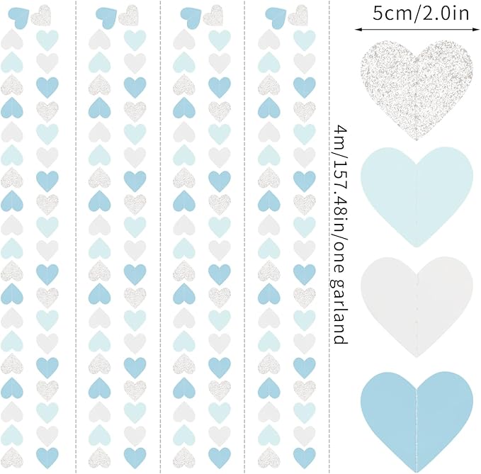 Light-Blue White-Silver Party-Decoration Heart Garland - 52ft Baby Boy Shower Birthday Streamers,Graduation Bachelorette Bridal Christmas Banner Decor Lasting Surprise