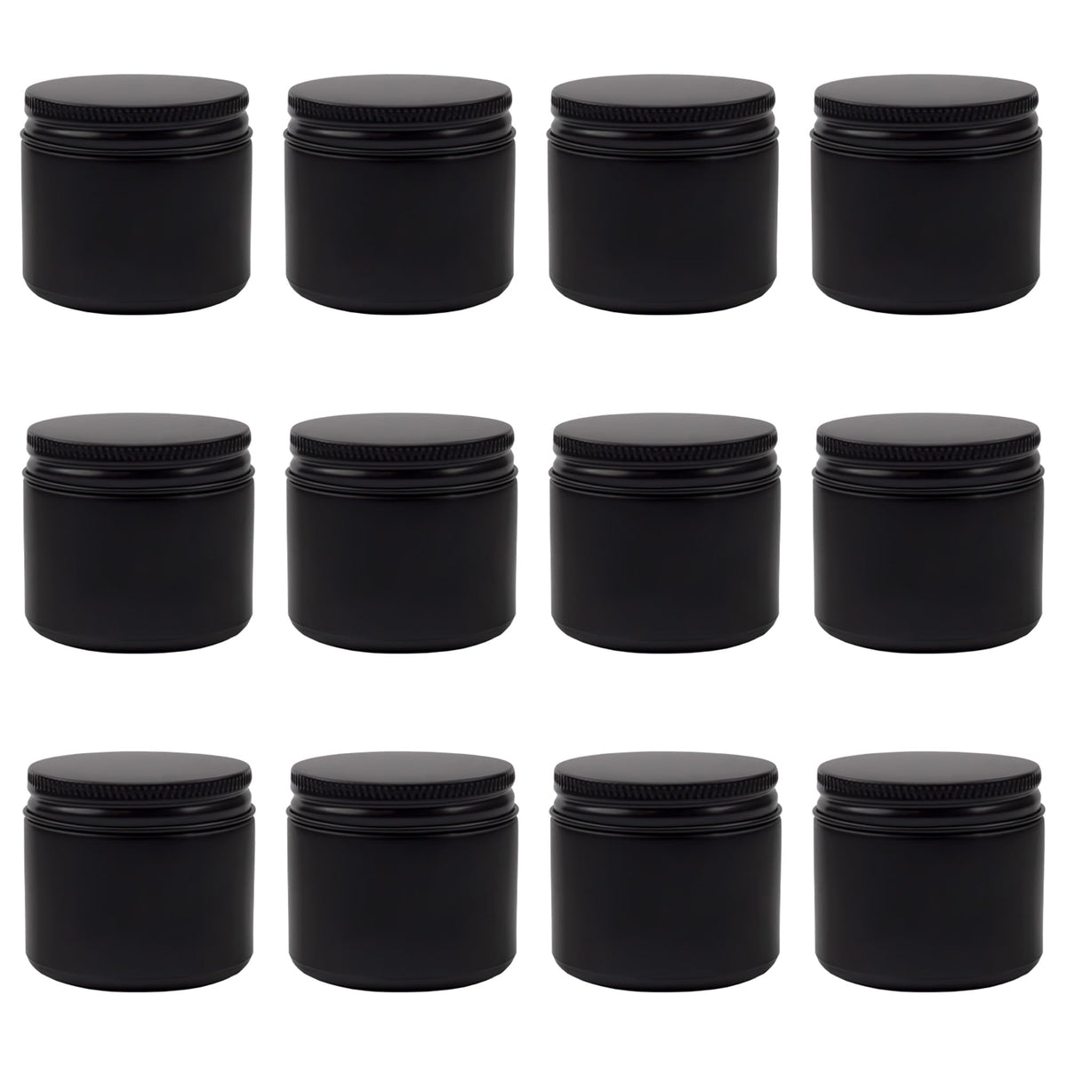 Cornucopia Brands 2-Ounce Black Coated Glass Jars (Pack of 12) Cosmetic Jars with Black Metal Lids and Black Matte Exterior