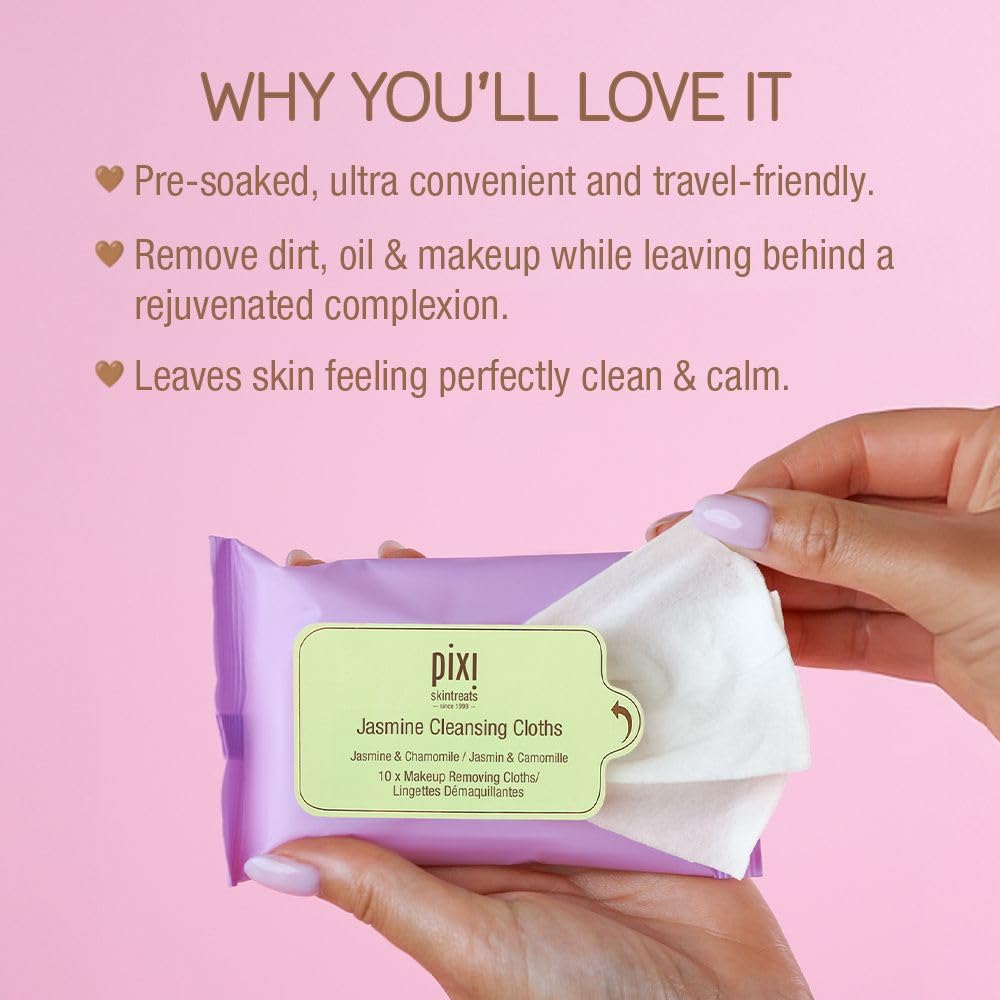 Pixi Beauty Jasmine Cleansing Cloths Mini |Cleansing, Smoothing, and Hydrating Disposable Face Towelettes| Pack of 10 Face Wipes