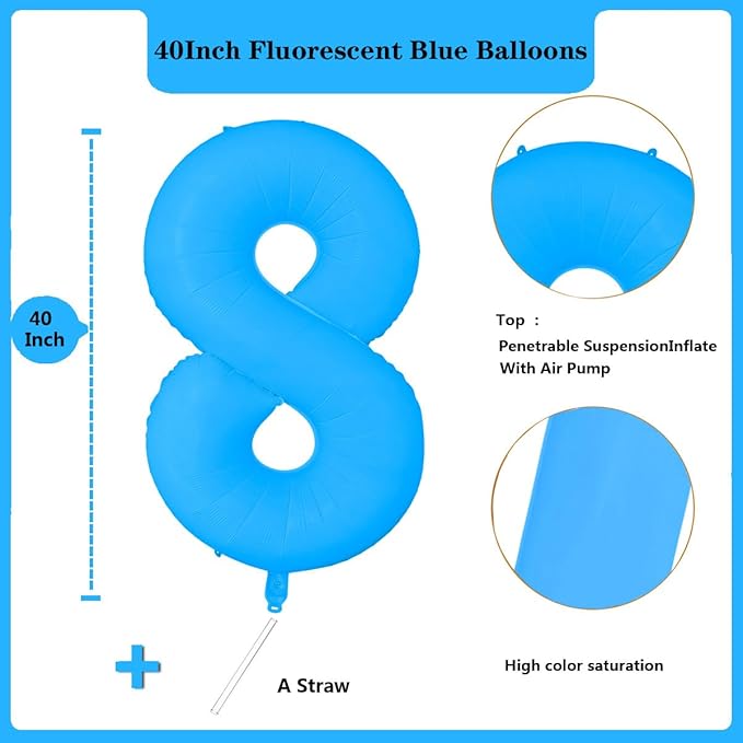 Fluorescent Blue Number Balloon 40 inch Giant Foil Helium Balloons Blue Number 8 Balloon for 8th Birthday Party Decorations