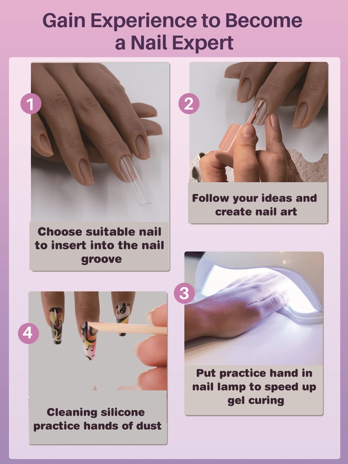Silicone Practice Hand for Acrylic Nail, Dark Brown Nail Practice Hand with Bracket, Flexible Reusable Mannequin Hand for Nail Display, Acrylic Nail Training Hand for Manicure Beginner (color #5)