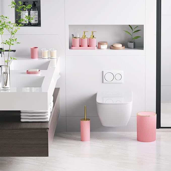 Light Pink Bathroom Accessories Set - Bathroom Sets, 25PC Bath Accessory Set, Bathroom Sets with Push Top Trash Can, Shower Curtain and Rugs, Toilet Brush, Trash Can & Soap Dispenser