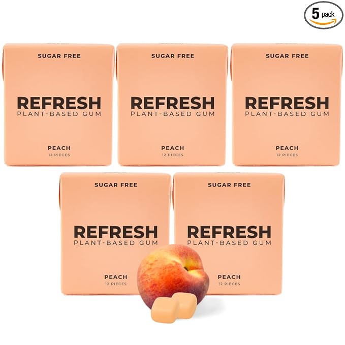Refresh Gum, Xylitol, Natural, Sugar Free, Chewing Gum, Plastic Free, Natural Flavors & Organic Ingredients, Non GMO, Gluten Free, Vegan, 12 Count (Pack of 5), Peach
